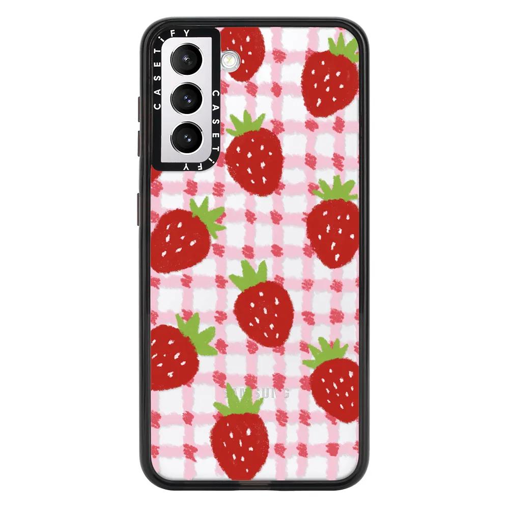 sweet red strawberries with pink check pattern - crayon texture