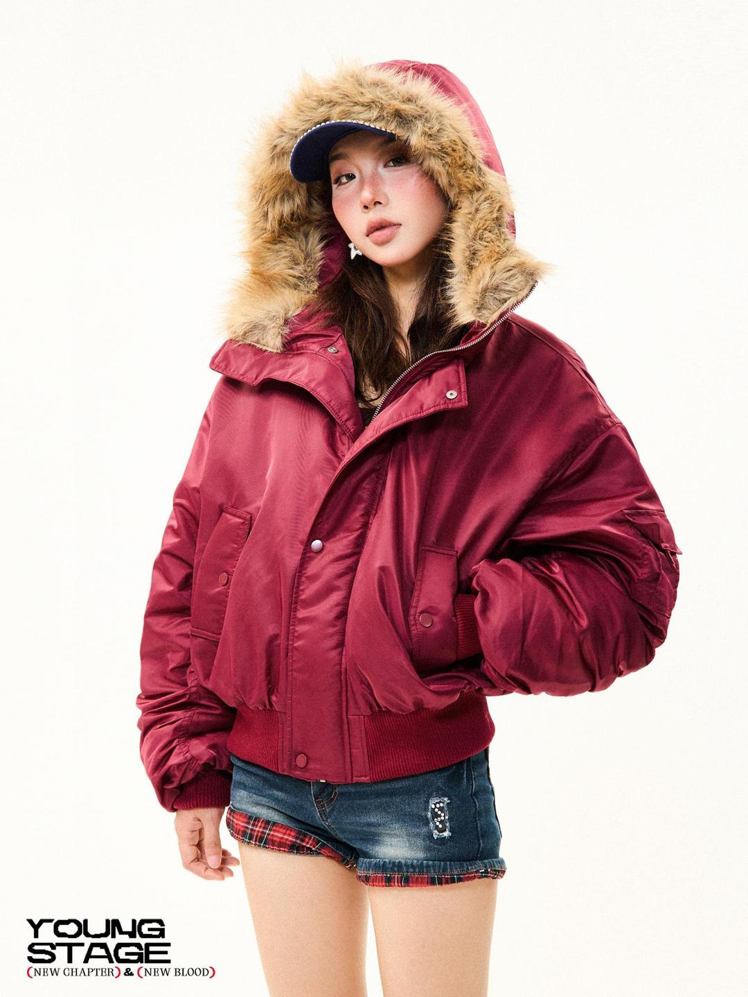 여성 레드 숏패딩 모자 겨울 짧은패딩 쇼트패딩 아우터