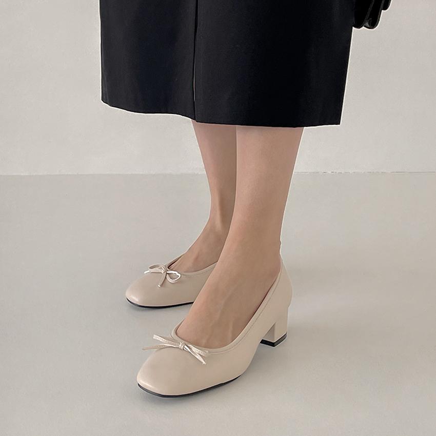 곰블리 [단독] 💛MADE💛 멜로즈 미들힐 리본 플랫 스퀘어 봄 가을 슈즈 4cm (하객룩,졸업식,개강룩,데이트룩,면접,구두,통굽)