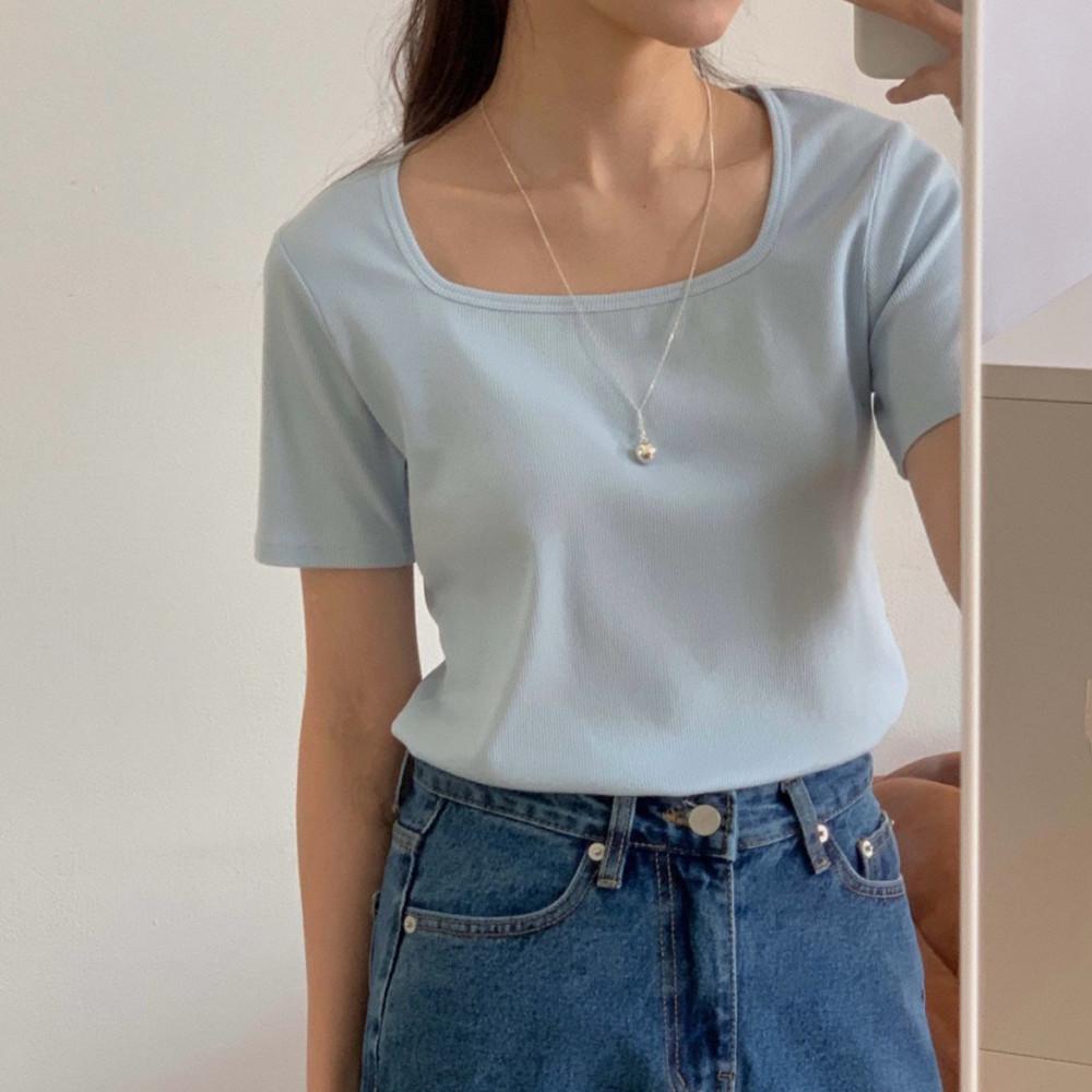 여성 슬림핏 스퀘어넥 반팔 티셔츠 (아이보리 크림 스카이블루 멜란지그레이 블랙)