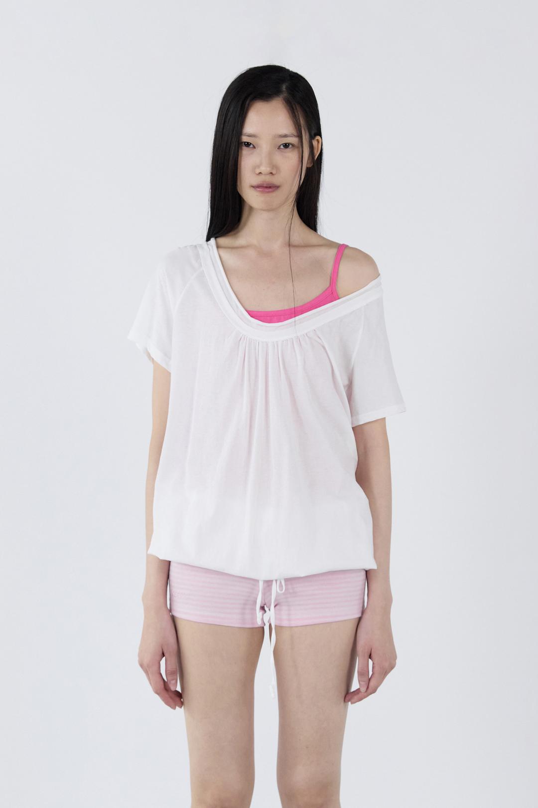 Round Drawstring Hem Top _ White