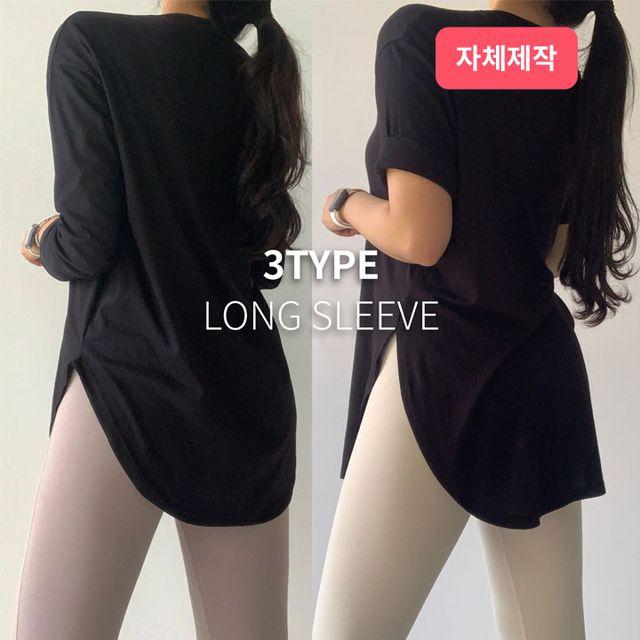 [당일출고MADE] 찰랑 롱티 루즈핏 레이어드티 반팔 긴팔 브이넥 반팔 긴팔 트임티 힙커버티셔츠 필라테스복 요가복 운동복 필라테스복 헬스