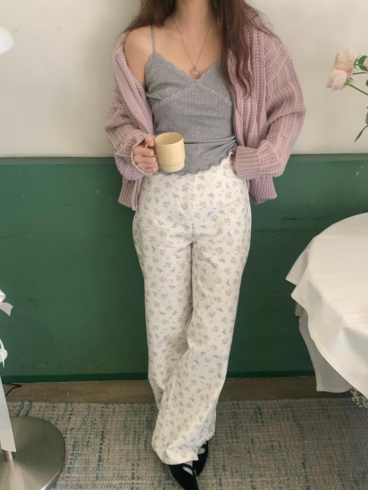 라벤더 하이웨스트 코튼 와이드 팬츠