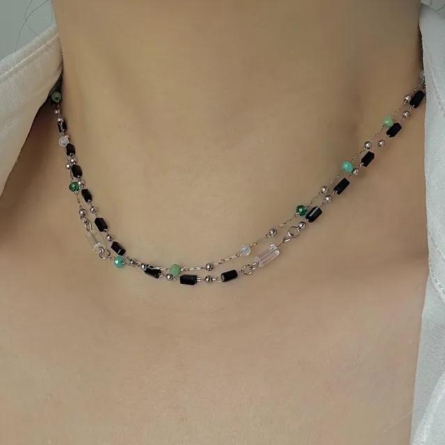 [made/레이어드 꿀템] 블랙 사각 비즈 & 멀티그린 비즈 초커 (2type)
