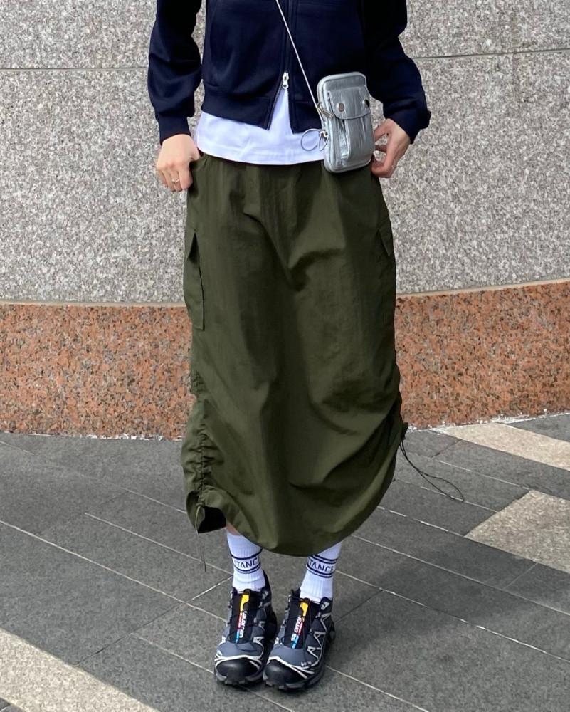 [오늘출발]스트링 밑단 셔링 카고 롱 스커트