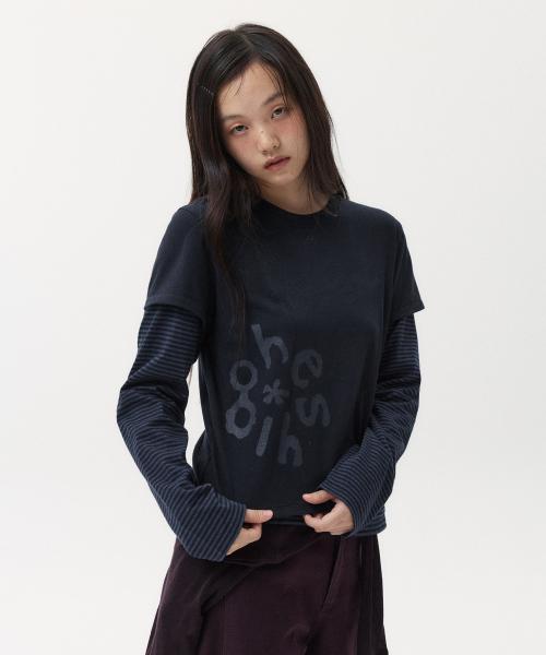 LOGO LAYERED STRIPE LONG T-SHIRT, NAVY