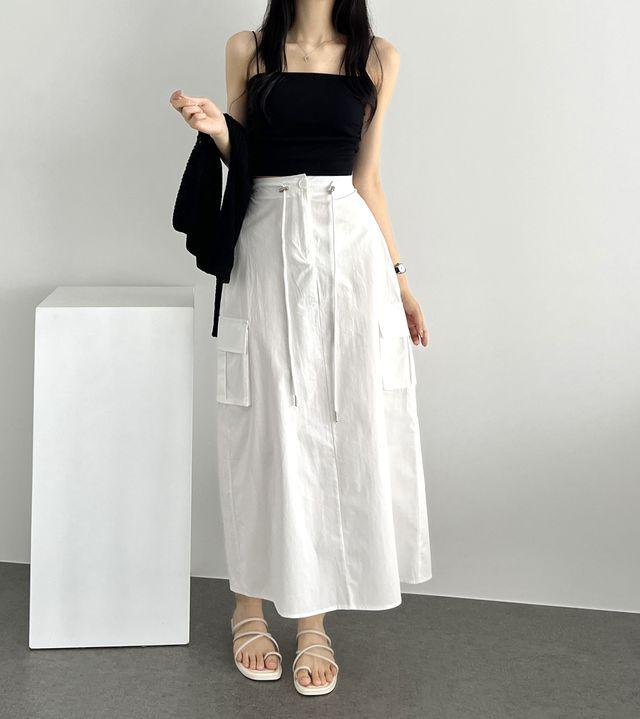 [당일출고]메이비 밴딩 스트링 코튼 여름 카고 롱스커트