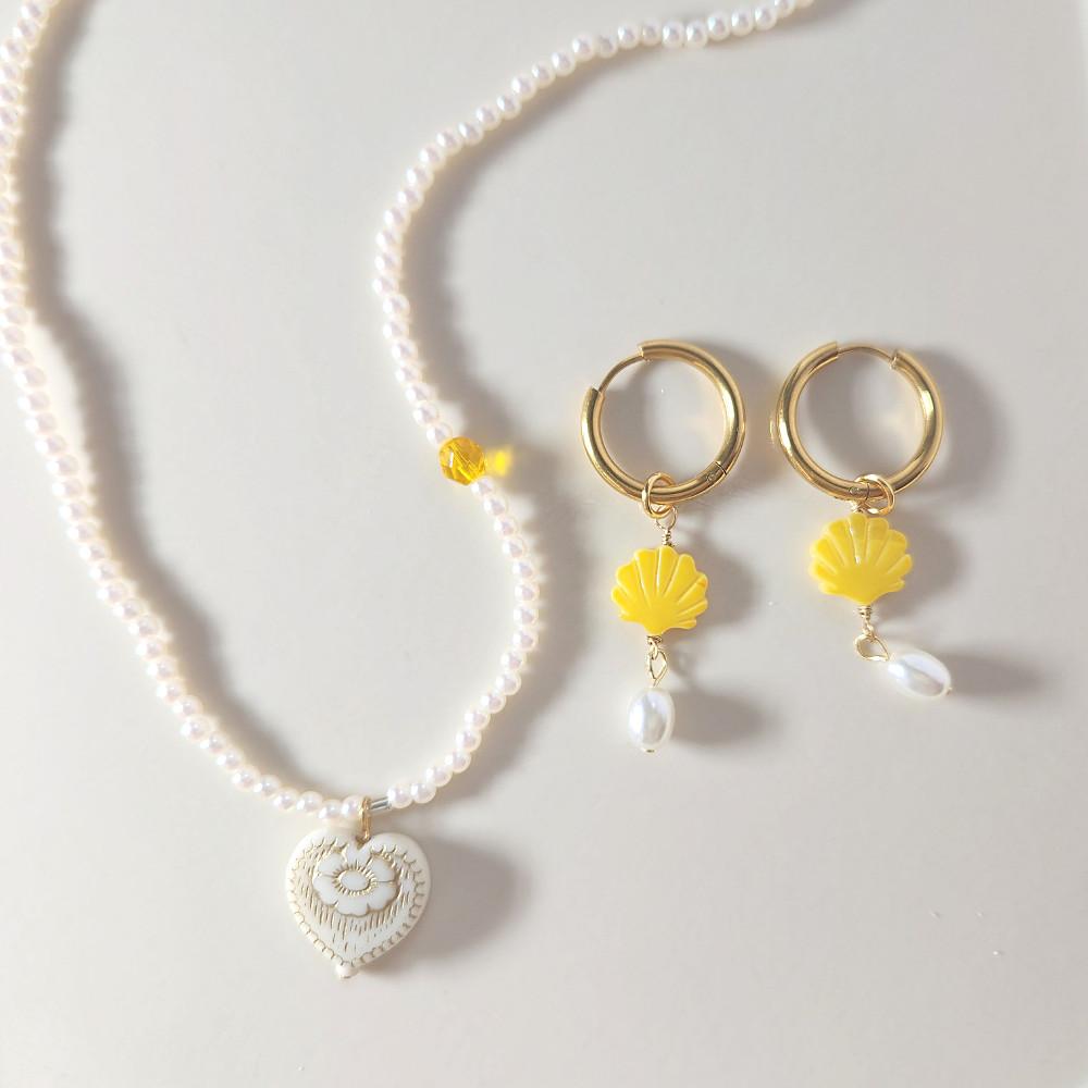 핑거플로우 레이어드 하트 미니 롱 진주 초커 목걸이