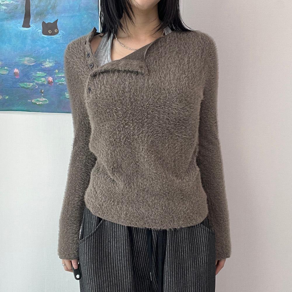 [3color] 러시 오픈 버튼 헤어리 긴팔 티