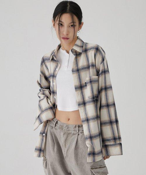 타탄 포켓 체크 셔츠 오버핏 베이지