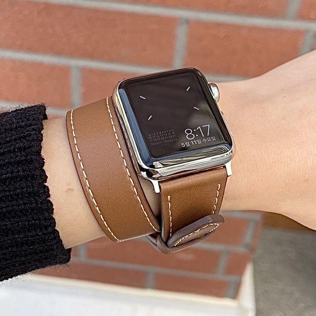 [당일출고/필름증정] 애플워치 더블스티치가죽스트랩 더블투어 두줄 커버케이스 1 2 3 4 5 6 7 세대 SE 스트랩 메탈 스티치 가죽 여름 시계줄 밴드 에토프 줄질 체인