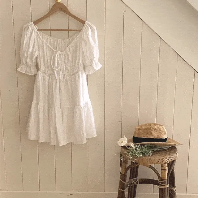 (2col)[2WAY]글로이 플레어 리본 셔링 원피스 A라인 캉캉 숏 ops(속치마)