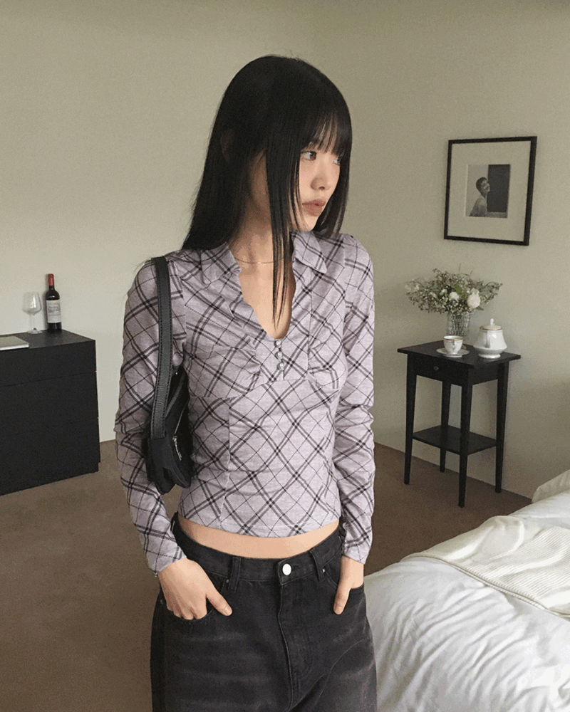 원더원더 가코 빈티지 체크 카라 슬림핏 크롭 긴팔 티셔츠