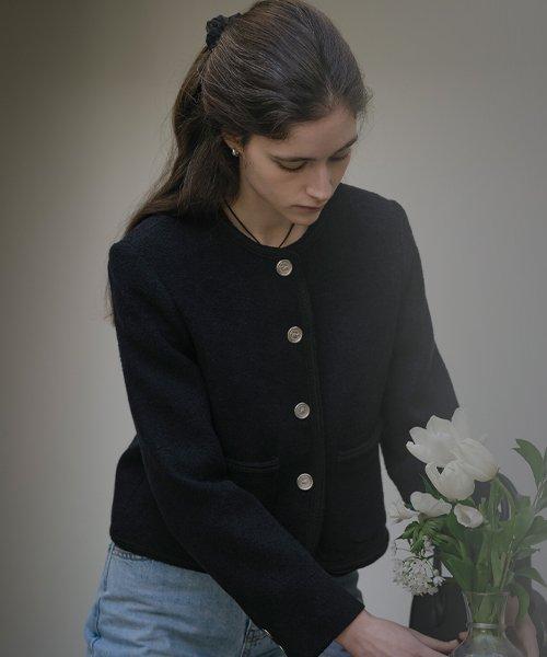 Romantic cable line tweed jacket_Black