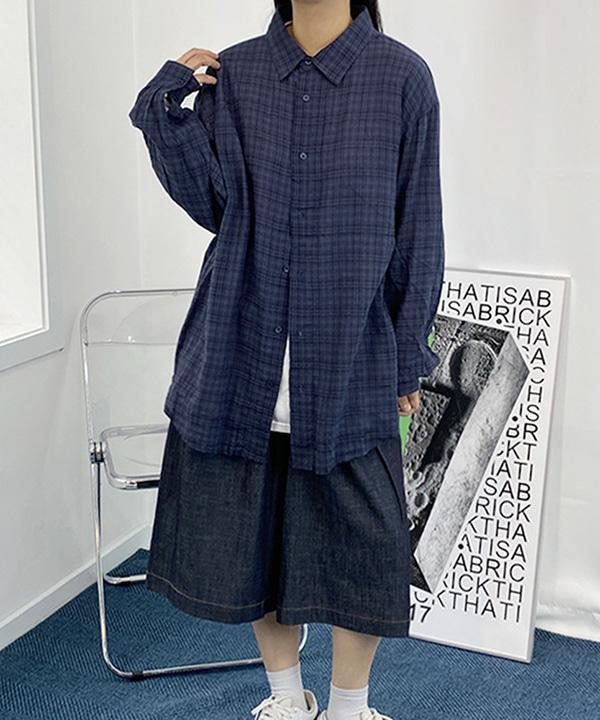 이피 남녀공용 여성 오버핏 체크 남방 블루 셔츠 간절기 봄 가을 얇은 루즈핏 레이어드