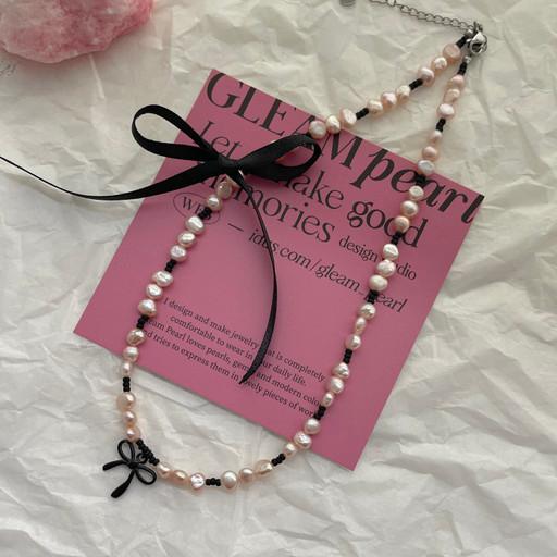 작가강추🩷블랙리본 핑크담수 목걸이/초커