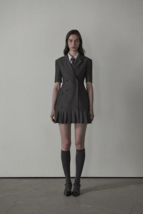 젠 플리티드 하프 슬리브 수트 자켓 드레스 - 그레이