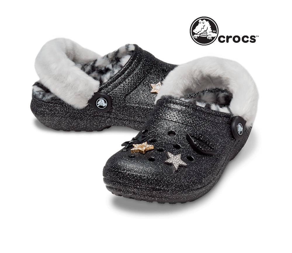 크록스 털 슬리퍼 클래식 라인드 디스코 글리터 클로그