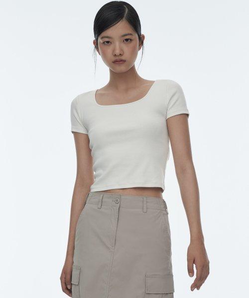 우먼즈 슬림 스퀘어 넥 반팔 티셔츠 [크림]