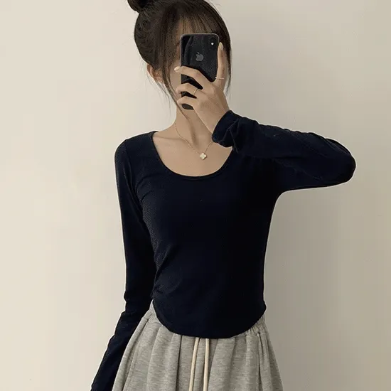 [쫀득/인생핏/팔뚝살소멸] -5kg 살빠진 핏, 가을 스퀘어넥 라운드 크롭 긴팔 티셔츠 베이직 무지 밑단 굴림 롱슬리브 숏 긴팔티 5color