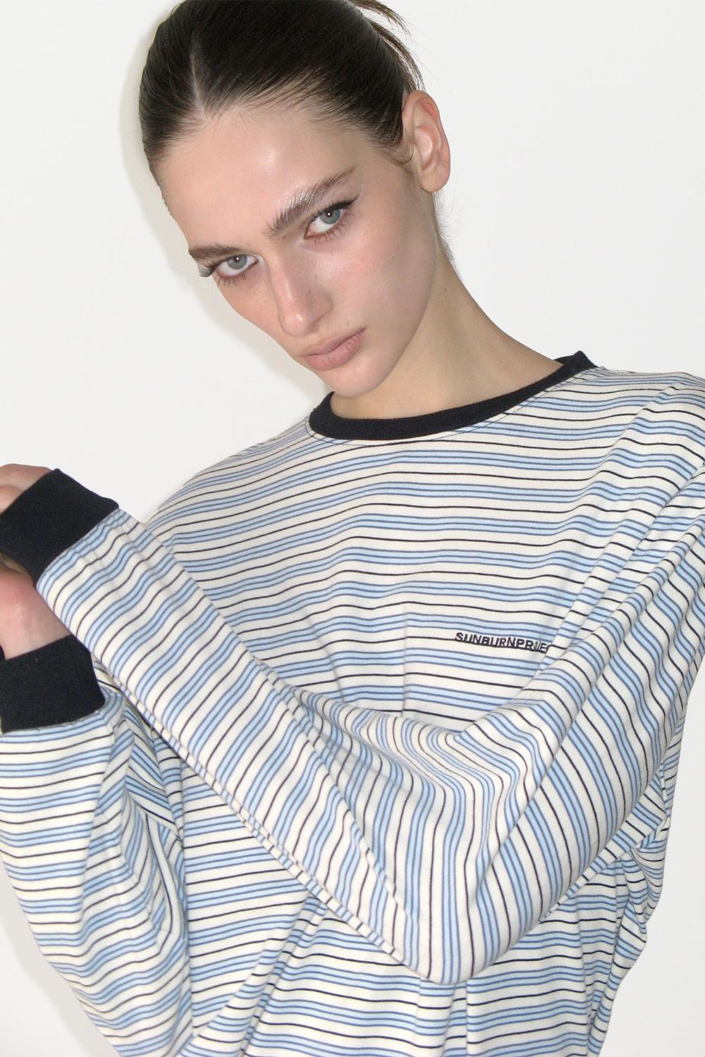 OVER FIT STRIPE LONG SLEEVE TOP, IVORY