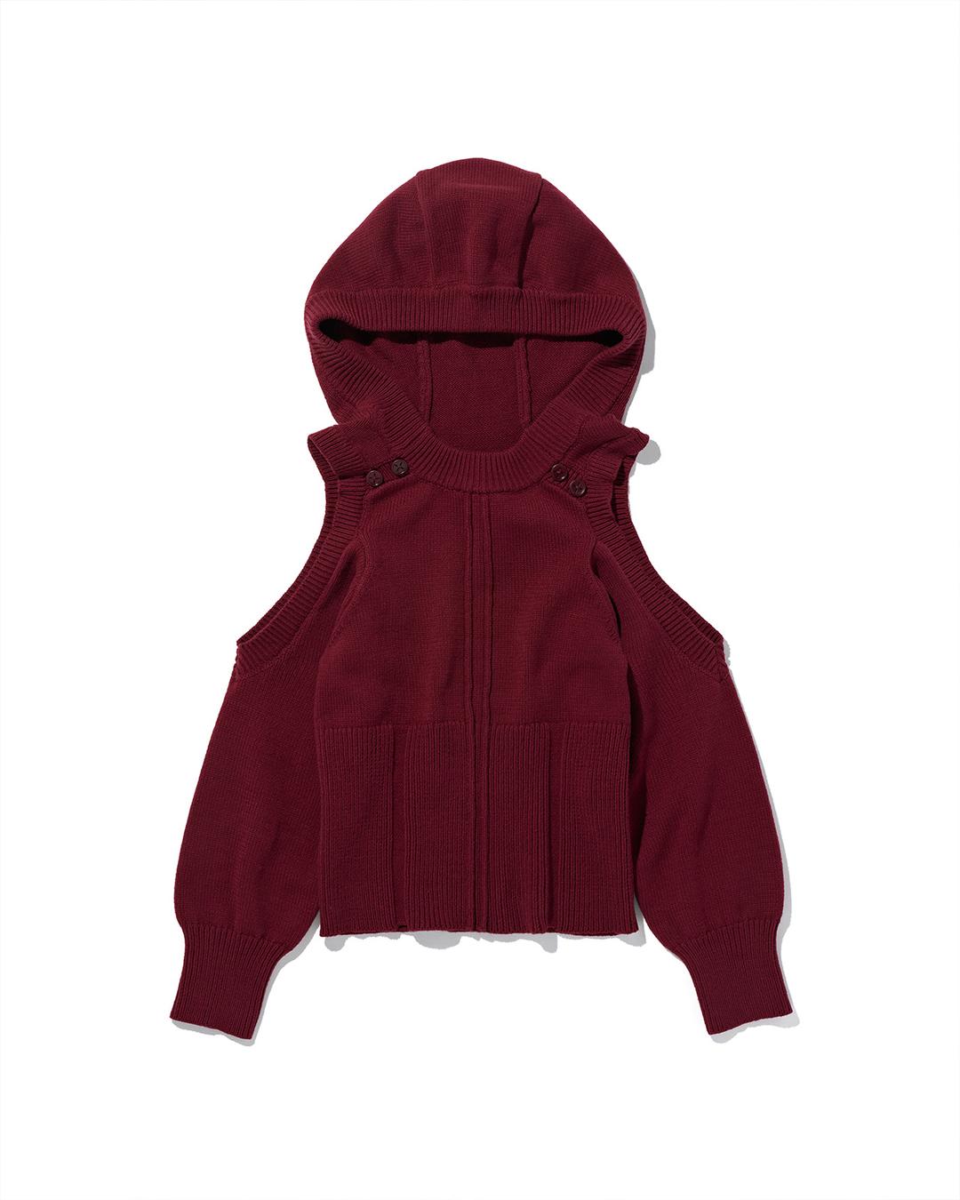 CUT OUT SHOULDER KNIT HOODIE_WINE