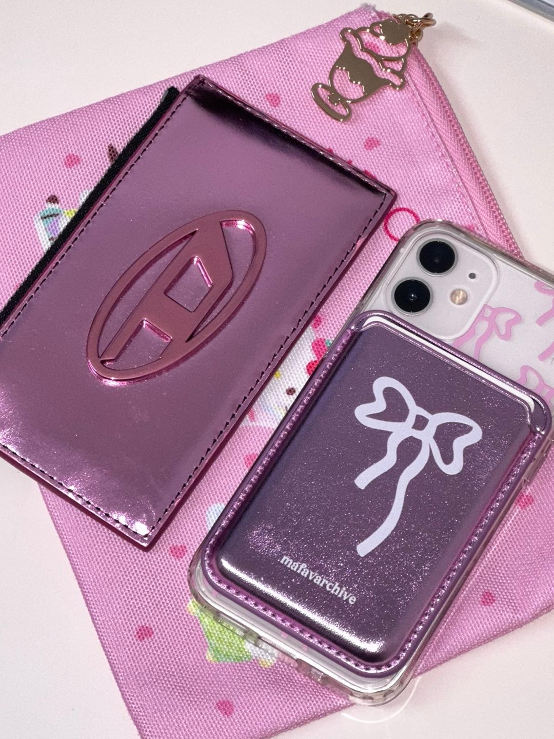 pink silver magsafe leather wallet