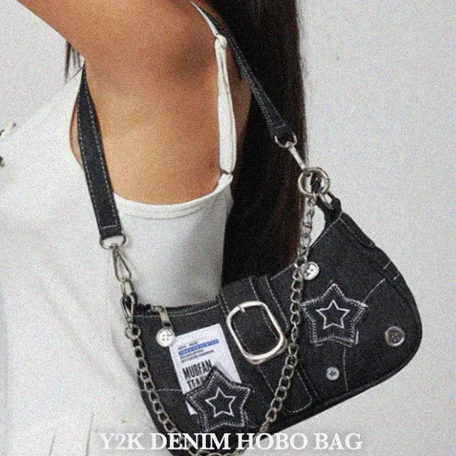 Y2K 패치 블랙 벨트 체인 호보백 숄더백