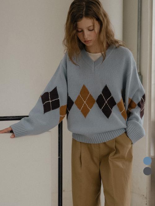 Wool blended argyle v-neck knit [TIWT02SW05]_2color