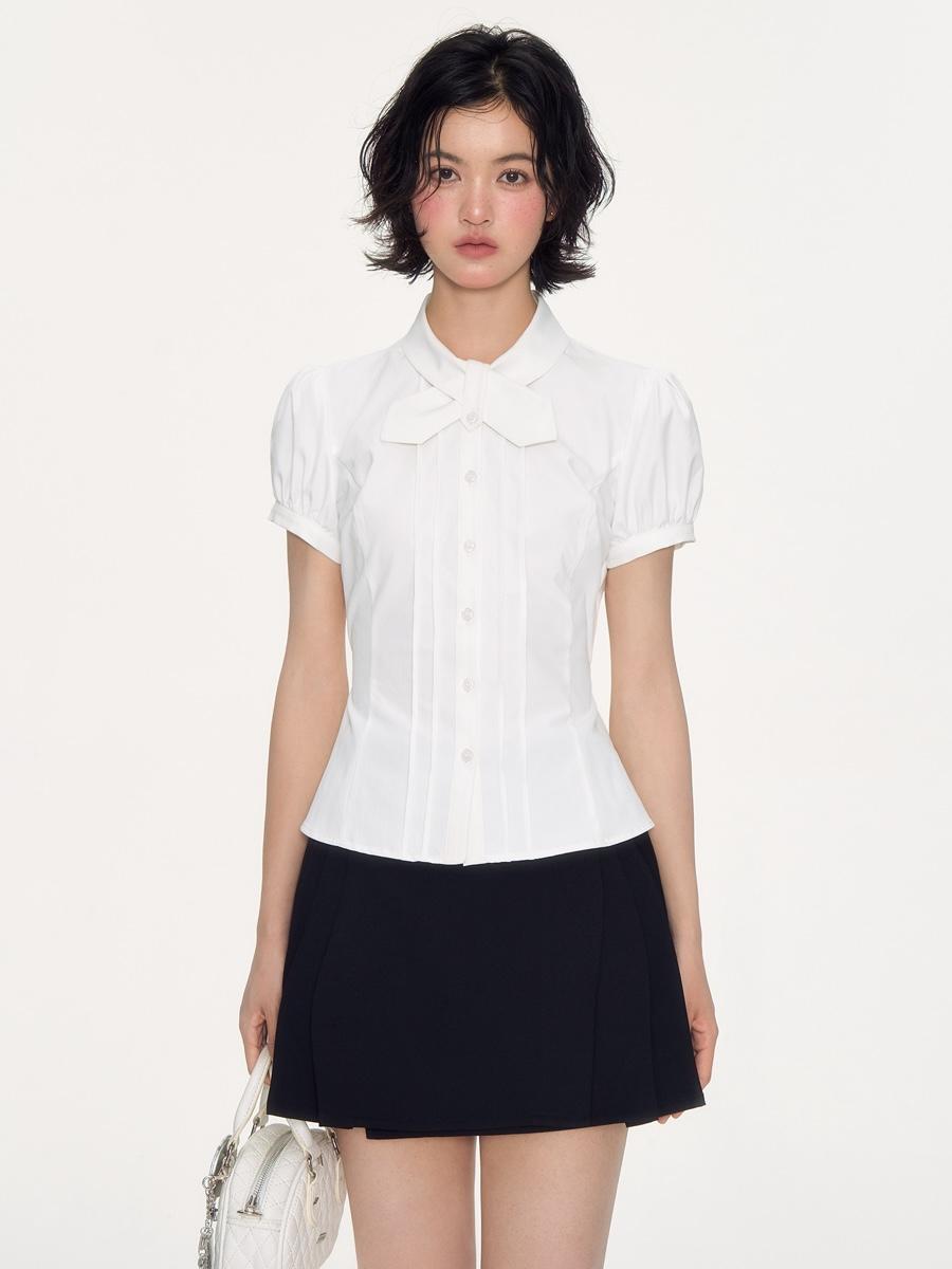 NECY STUDIO Bow Trim Puff Blouse