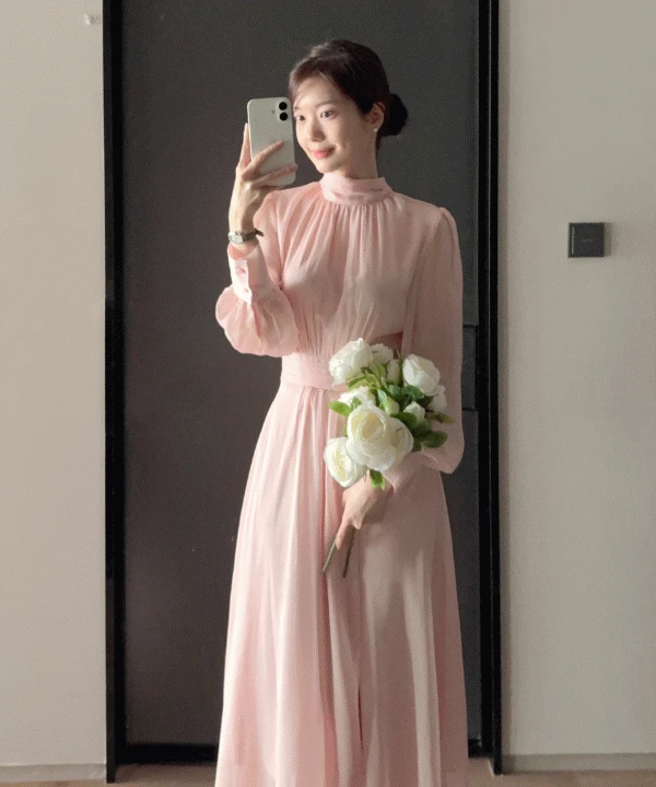 소르베 시스루 타이넥 셔링 롱 플레어 원피스