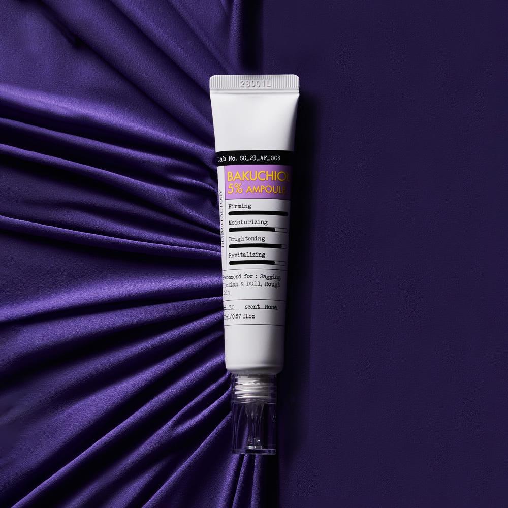 [비건인증] 더마팩토리 바쿠치올 5% 앰플 20ml / 99% 고순도 50,000ppm 식물성레티놀 미백 주름 모공 낮밤탄력 고효능 저자극 팔자주름케어 깐달걀피부 탄력앰플