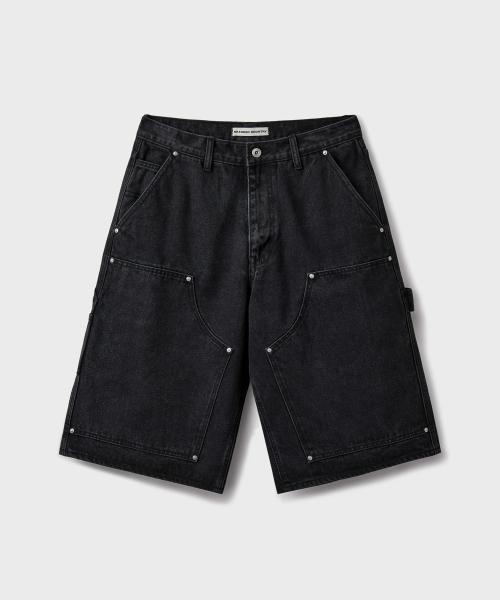 DOUBLE KNEE CARPENTER DENIM SHORTS [WASHED BLACK]