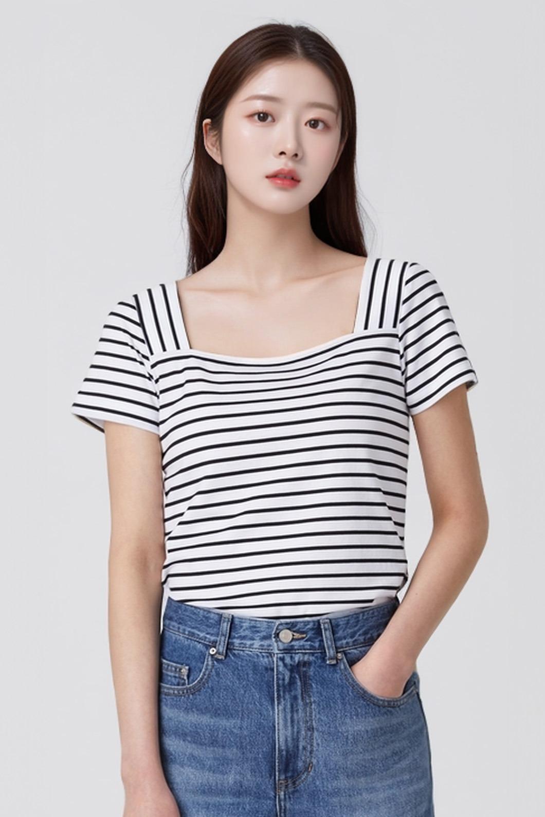 W_스트라이프 스퀘어넥 반소매 티셔츠 (180gsm)