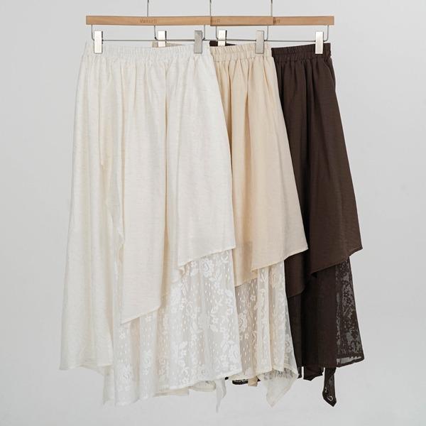 [44~88/3컬러] 레이스 레이어드 롱치마 롱스커트 스커트 페미닌룩 밴딩치마 밴딩스커트 레이어드룩