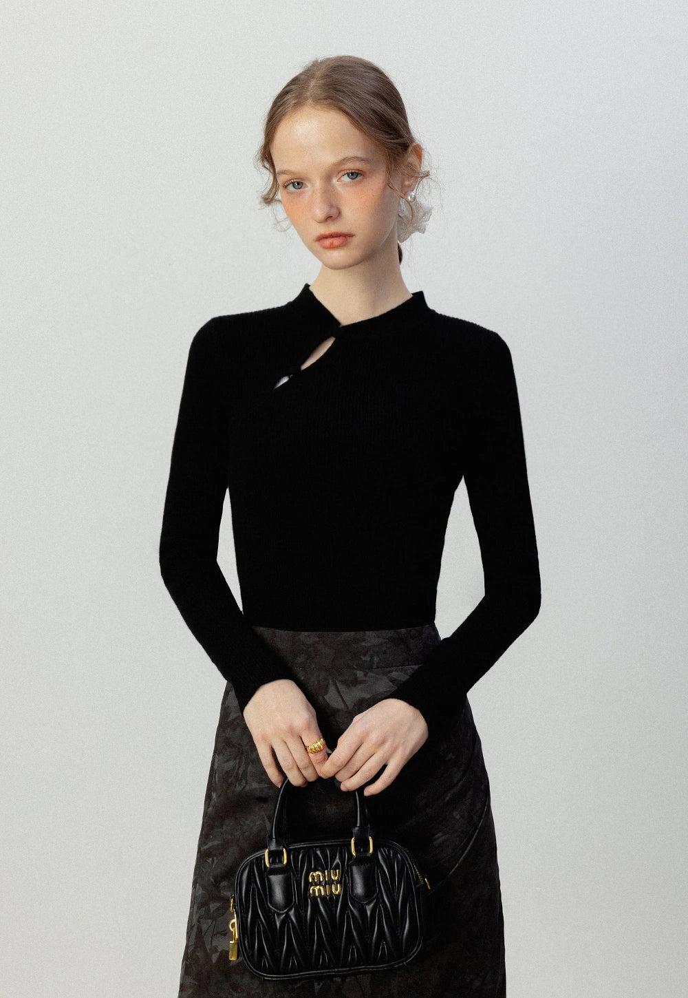 Asymmetrical Cut-Out Ribbed Long Sleeve Knit Top