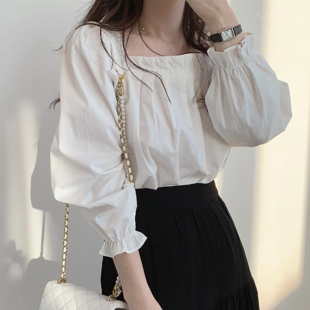 [당일발송] 코튼 핀턱 스퀘어넥 퍼프소매 블라우스 N-0357