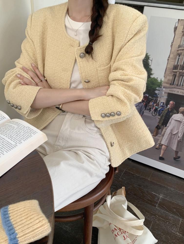 (당일발송/옐로우)프렌치 노카라 트위드 자켓(2color) : heeming