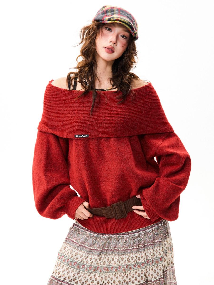 YOUNG STAGE Crimson Off-Shoulder Soft Knit Top