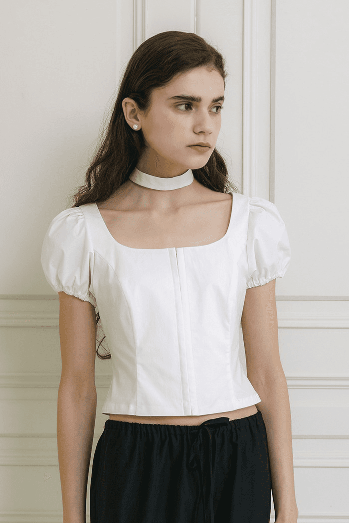 Choker set puff blouse (white)