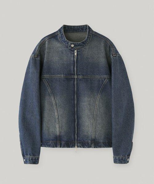 드로잉 워싱 데님 레이서 자켓_Middle Blue