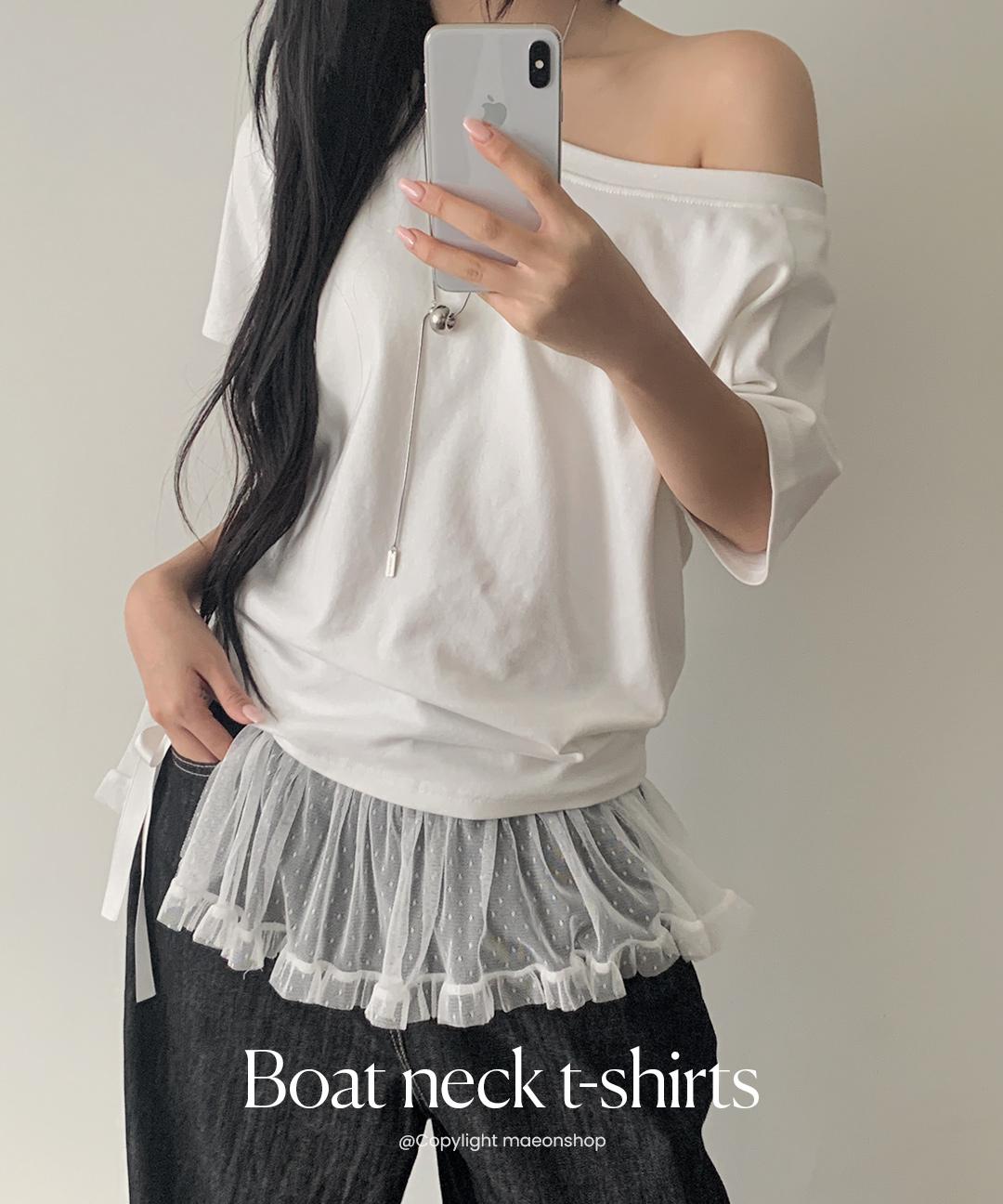 마이온샵 [옷장필수템/핏보장] 유이 보트넥 오프숄더 티셔츠 (44-66) (보트넥티셔츠-원숄더티셔츠-와이드보트넥-무지티-쫀쫀티셔츠-루즈핏티셔츠-레글런티셔츠-여름반팔티-여리핏티셔츠)