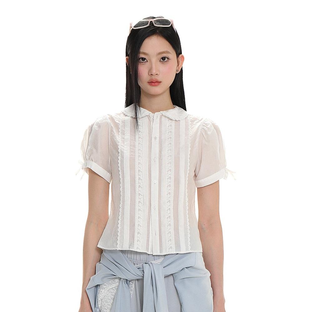 MOROMORO2 화이트 레이스 블라우스 리본 레이어드 크롭 셔츠