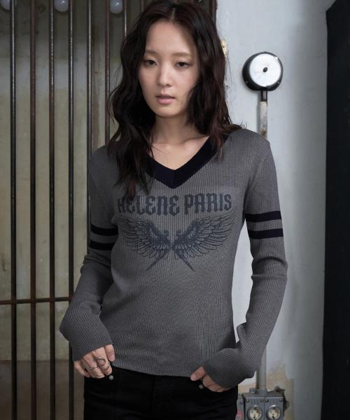 엔젤 브이넥 핀 포인트 니트 [차콜]