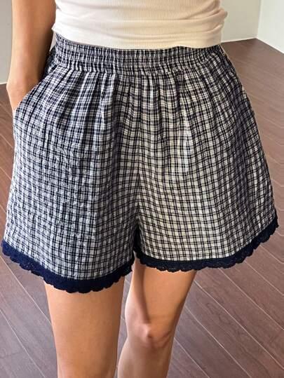 DAZY Women Plaid Lace Patchwork Short Pajama Bottom