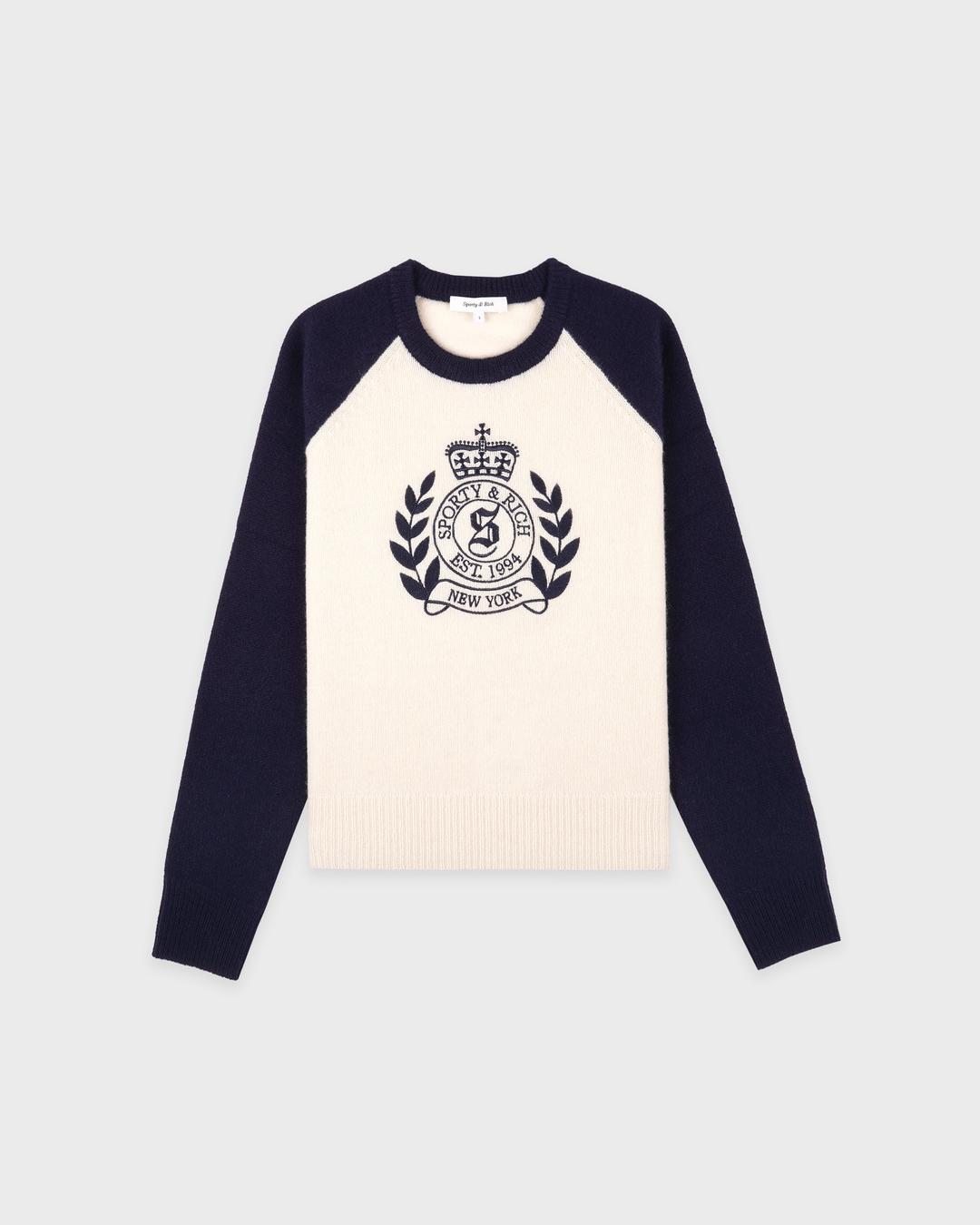 NY Crest Cashmere Baseball Sweater - Ecru/Navy - Ecru/Navy / X-Small