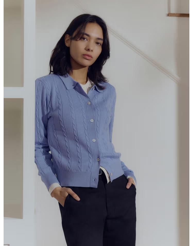 파인 울 케이블 카라 가디건 3color