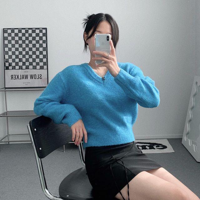 [따뜻! 부드러워요] 울 브이넥 크롭 긴팔 니트 (5color) _미닛마켓