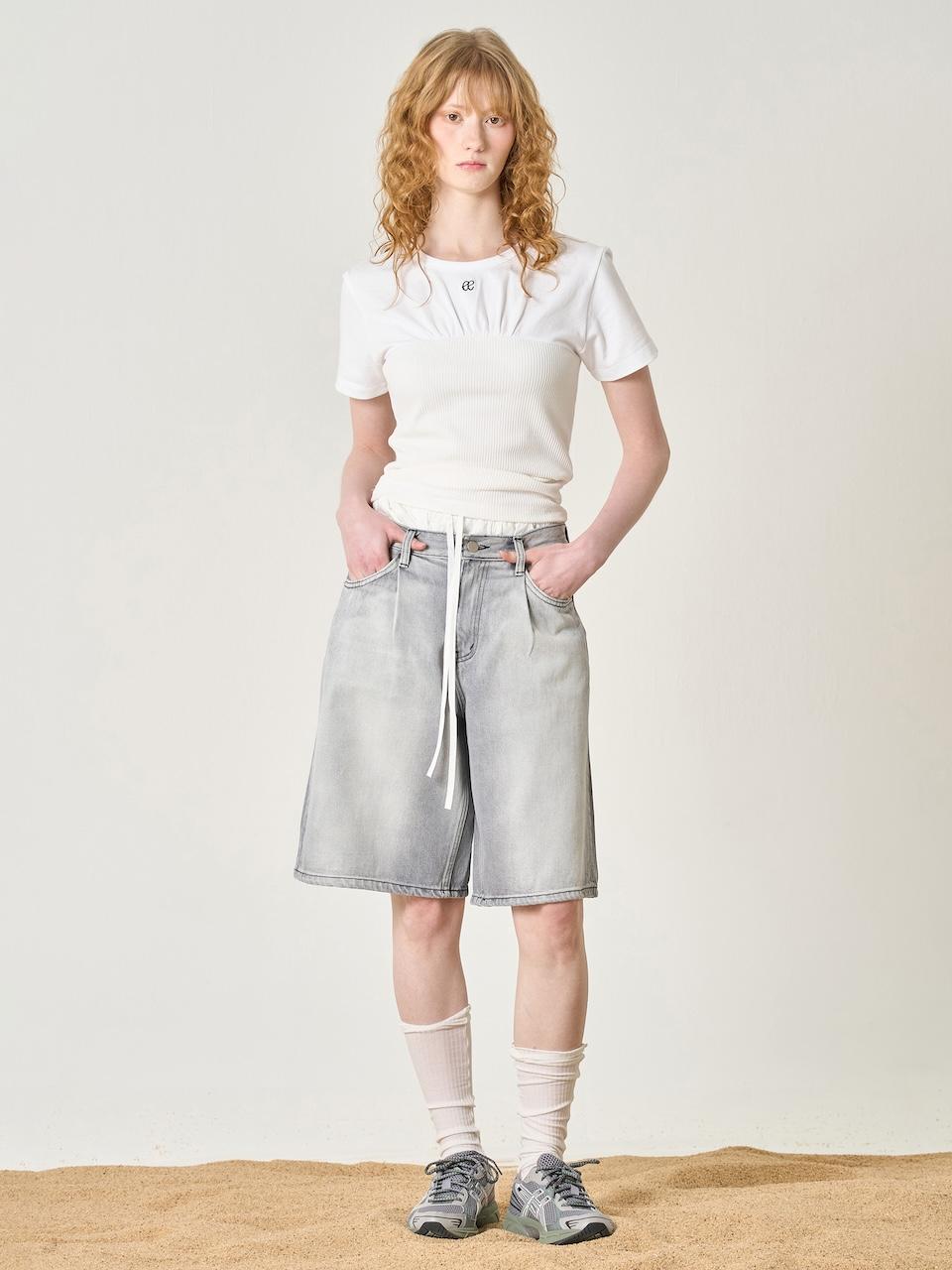 엘리오티 1-Tuck Brush Denim Bermuda Pants_Gray