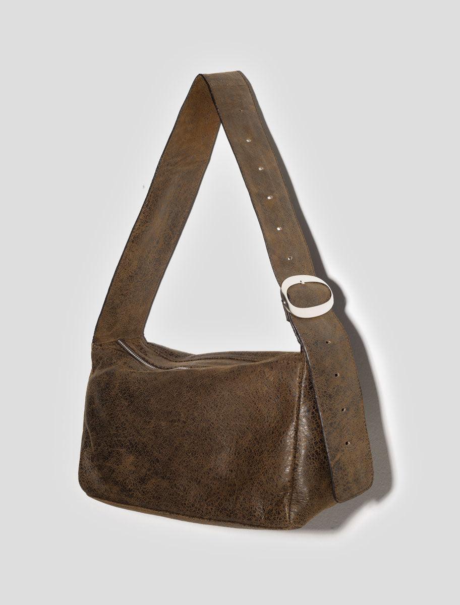 SQUARE TEABAG-Brown rectangular soft leather bag with buckle